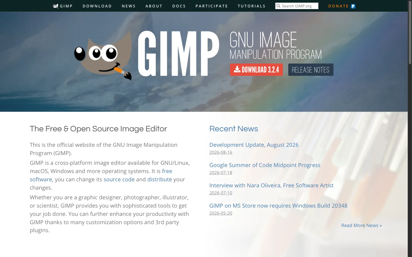 GIMP official homepage — Free and open-source image manipulation program