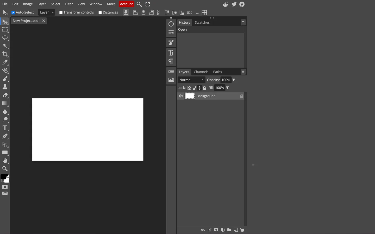 Photopea official editor interface — Browser-based photo editor with Photoshop-compatible layers and tools