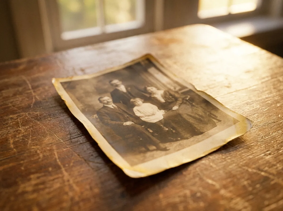 Old photo restoration with faded colors on desk
